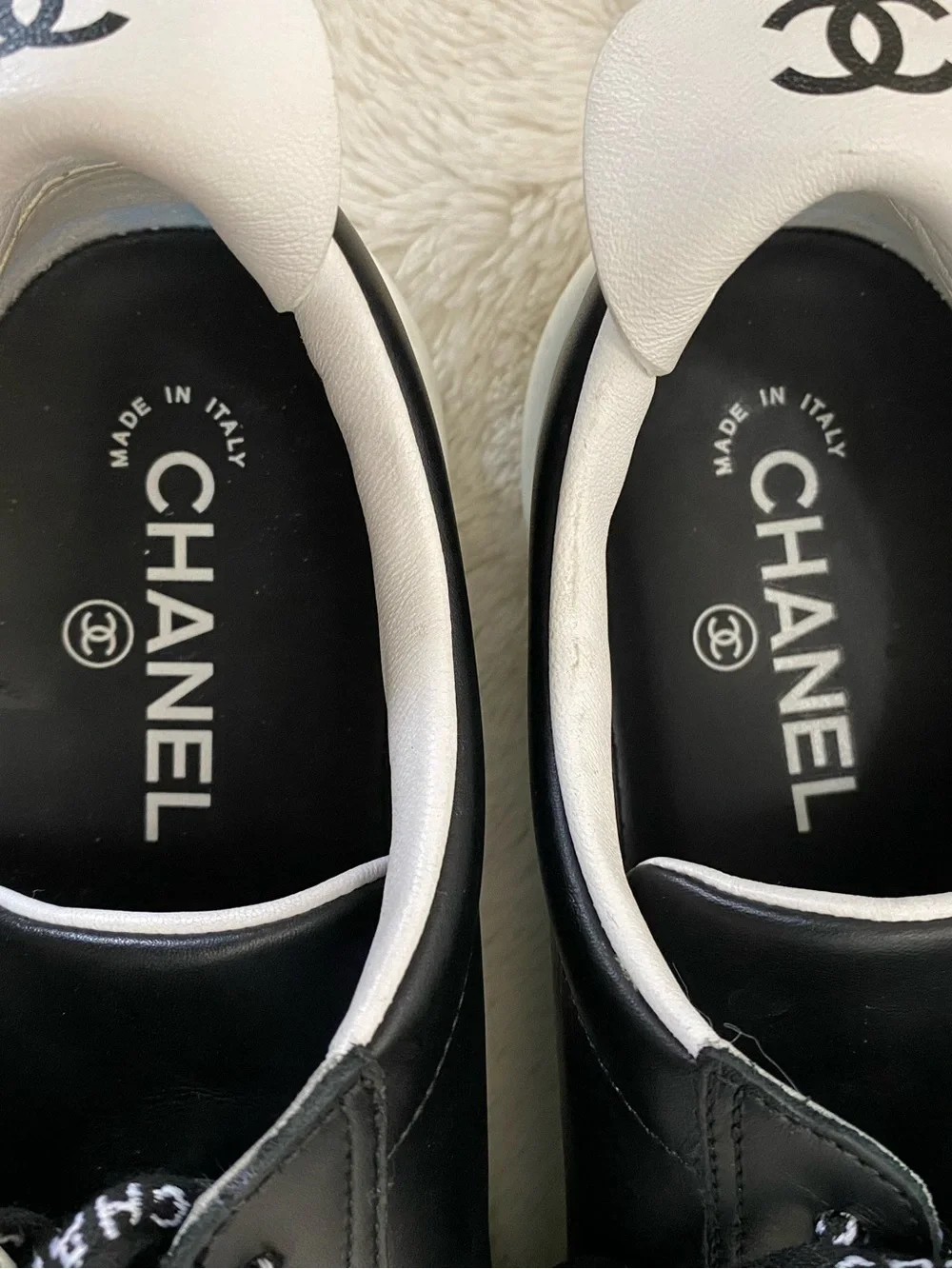 CHANEL Black and White Logo Ribbon Lace Low-Top Sneakers Size 39